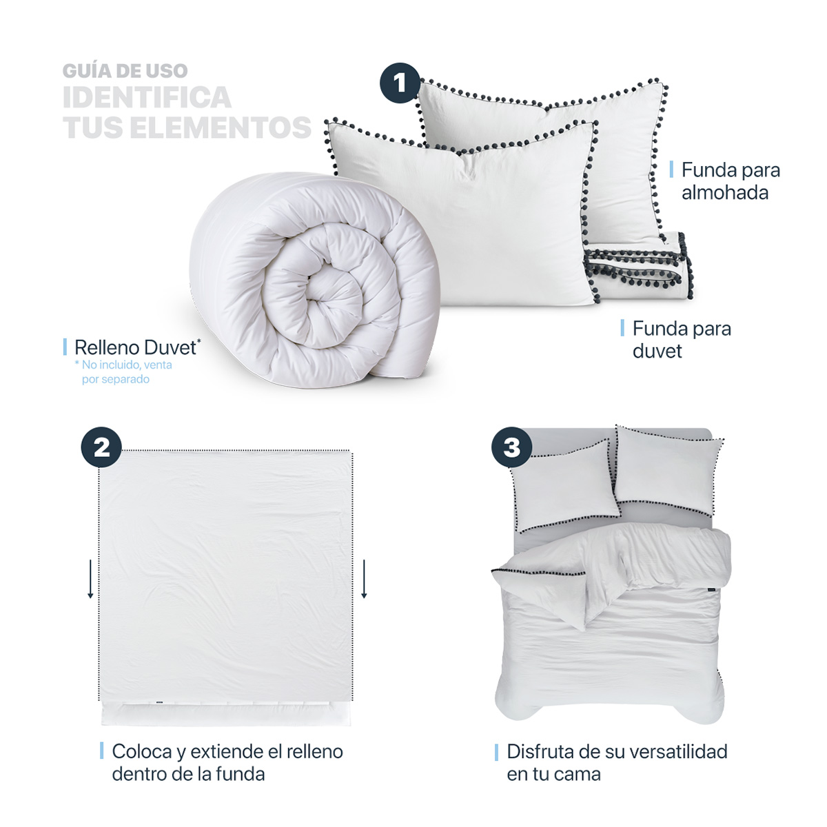 Foto 6 pulgar | Funda de Duvet con Pompones Negros Sin Relleno + Fundas de Almohada Esquimal Matrimonial XL Blanco