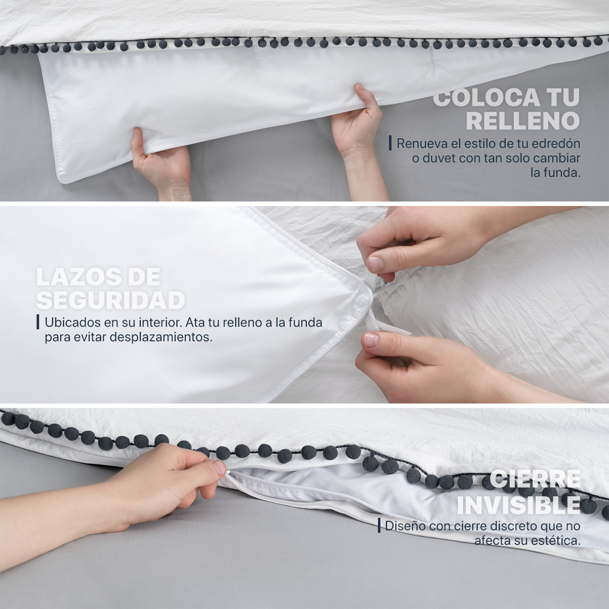 Foto 7 pulgar | Funda de Duvet con Pompones Negros Sin Relleno + Fundas de Almohada Esquimal Matrimonial XL Blanco
