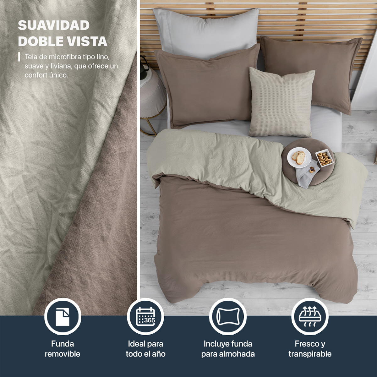 Foto 4 pulgar | Funda de Duvet Sin Relleno + Fundas de Almohada Esquimal Queen Size Café y Beige Tipo Lino Doble Vista