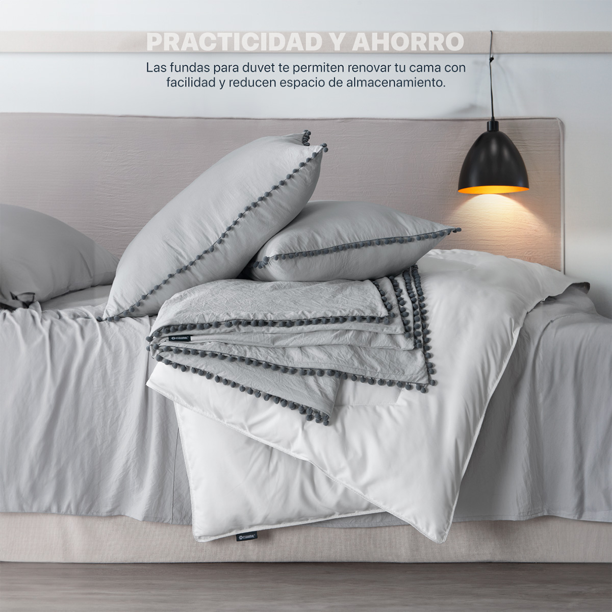 Foto 3 pulgar | Funda de Duvet con Pompones Sin Relleno + Fundas de Almohada Esquimal Matrimonial XL Gris Claro