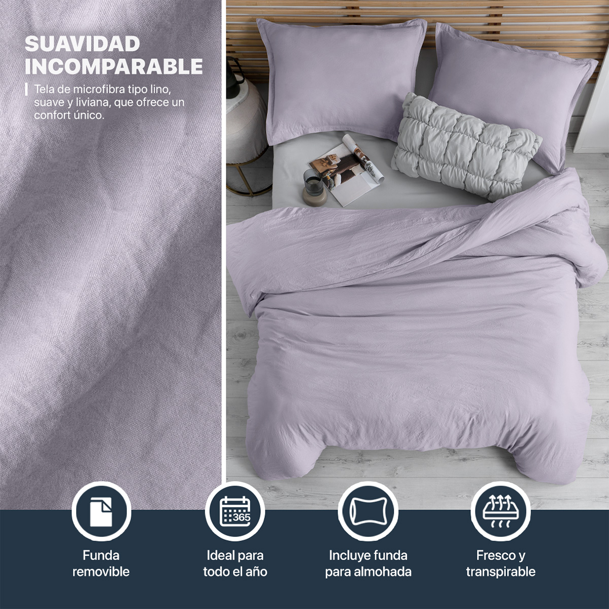 Foto 4 pulgar | Funda de Duvet Sin Relleno + Fundas de Almohada Esquimal King Size Lila Tipo Lino