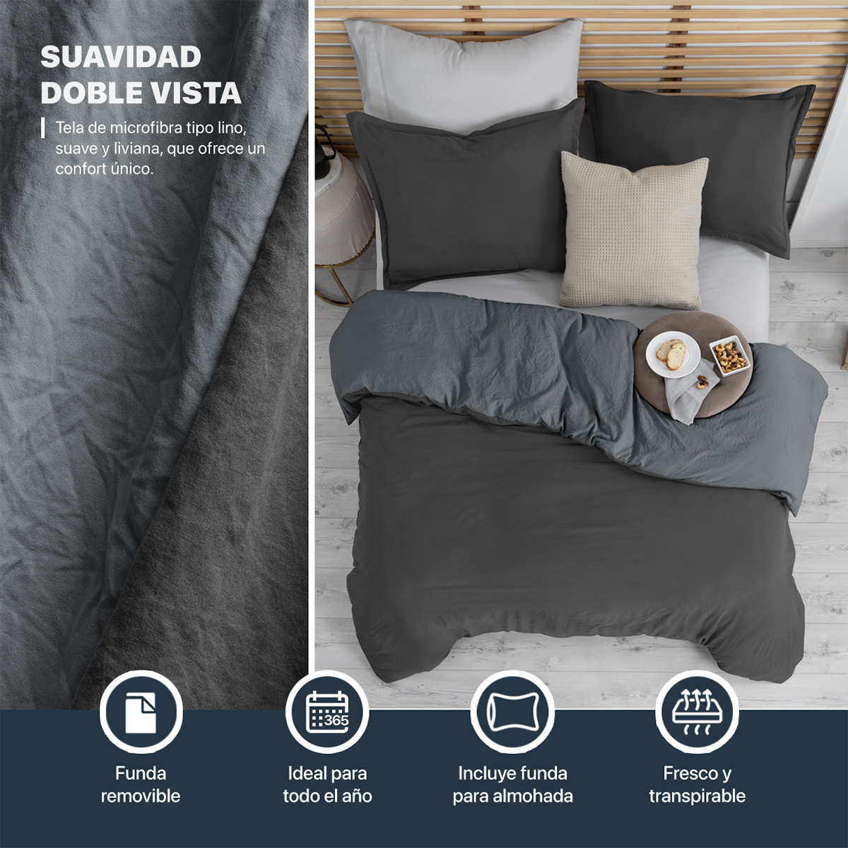 Foto 4 pulgar | Funda de Duvet Sin Relleno + Fundas de Almohada Esquimal Matrimonial Xl Negro y Gris Tipo Lino Doble Vista