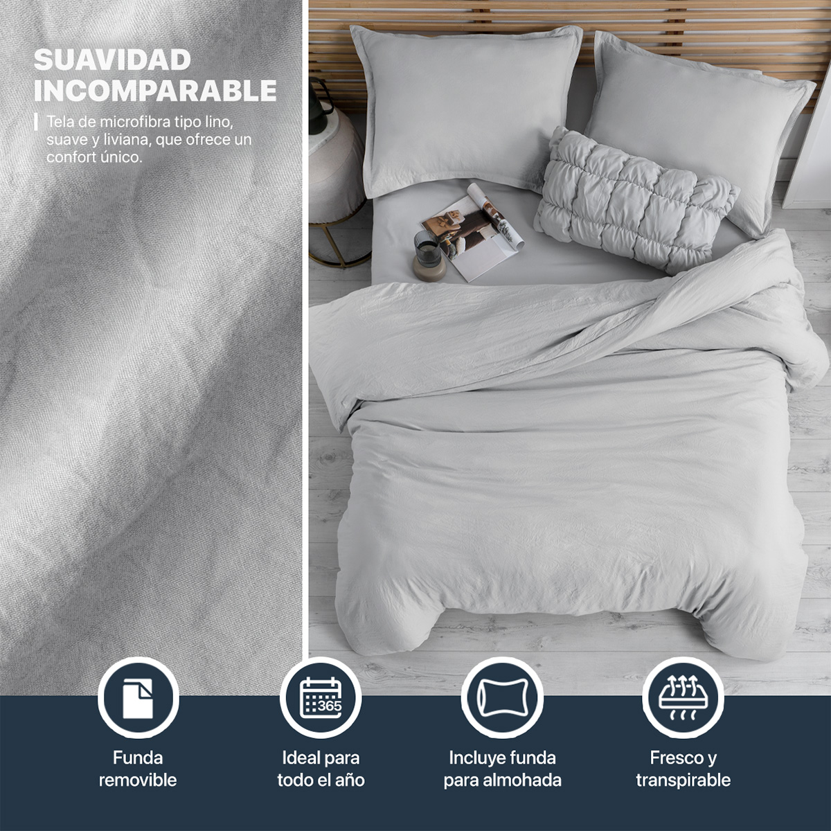 Foto 4 pulgar | Funda de Duvet Sin Relleno + Fundas de Almohada Esquimal Matrimonial Gris Claro Tipo Lino