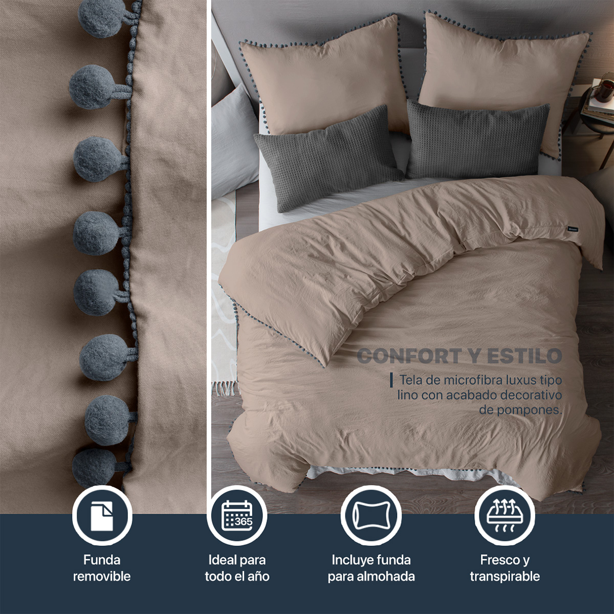 Foto 4 pulgar | Funda de Duvet con Pompones Sin Relleno + Fundas de Almohada Esquimal Matrimonial XL Café