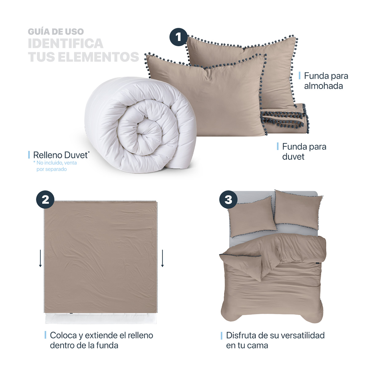 Foto 6 pulgar | Funda de Duvet con Pompones Sin Relleno + Fundas de Almohada Esquimal Matrimonial XL Café
