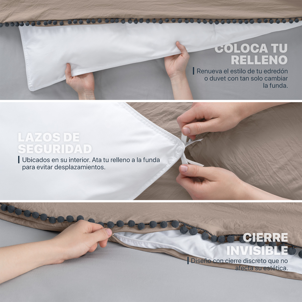 Foto 7 pulgar | Funda de Duvet con Pompones Sin Relleno + Fundas de Almohada Esquimal Matrimonial XL Café