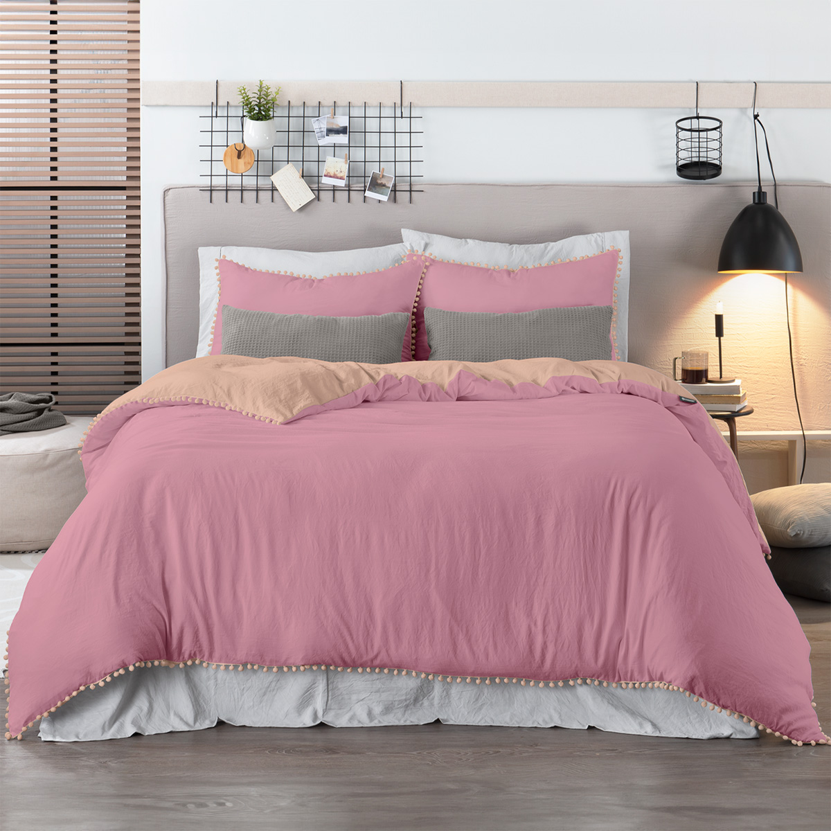 Funda de Duvet con Pompones Acabado Prelavado Sin Relleno Doble Vista Individual Rosa - Durazno Esquimal