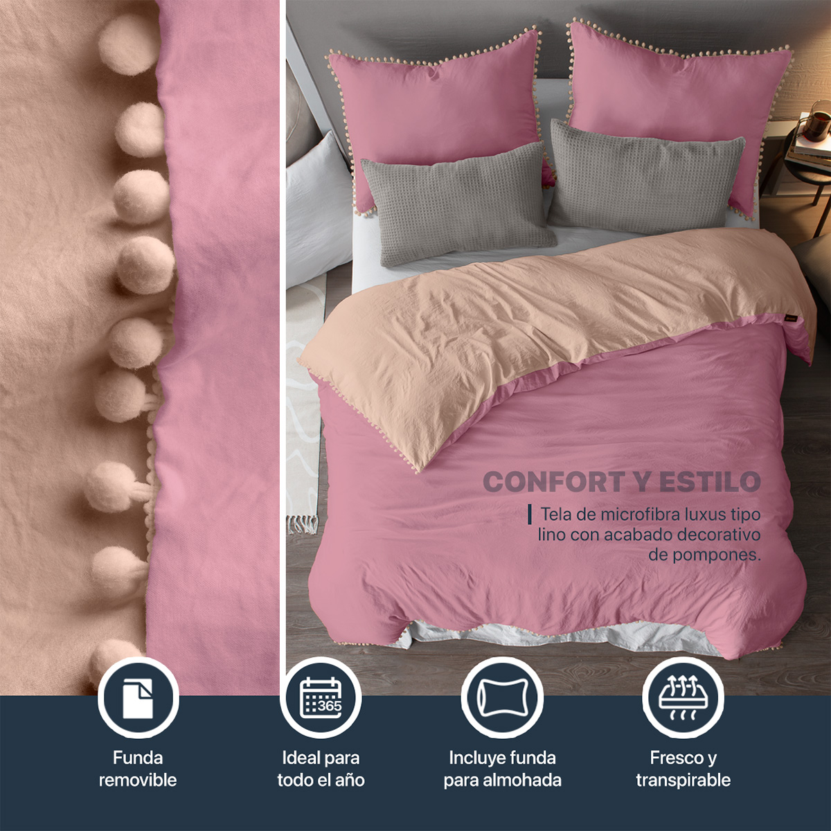 Foto 4 pulgar | Funda de Duvet con Pompones Sin Relleno + Funda de Almohada Esquimal Individual Rosa / Durazno Doble Vista
