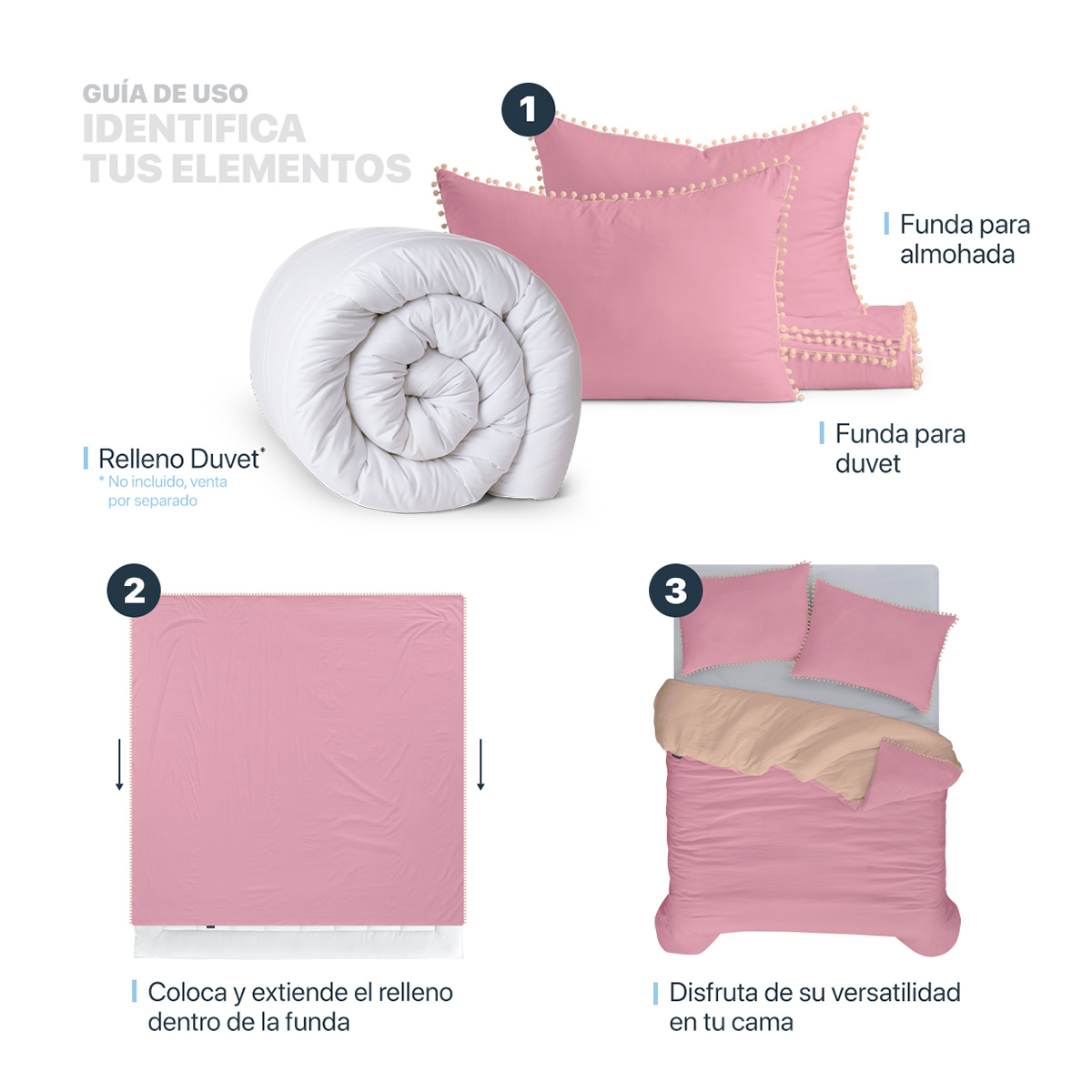 Foto 6 pulgar | Funda de Duvet con Pompones Sin Relleno + Funda de Almohada Esquimal Individual Rosa / Durazno Doble Vista