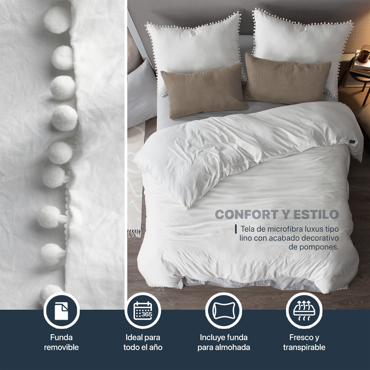 Foto 4 pulgar | Funda de Duvet con Pompones Sin Relleno + Fundas de Almohada Esquimal Matrimonial XL Blanco