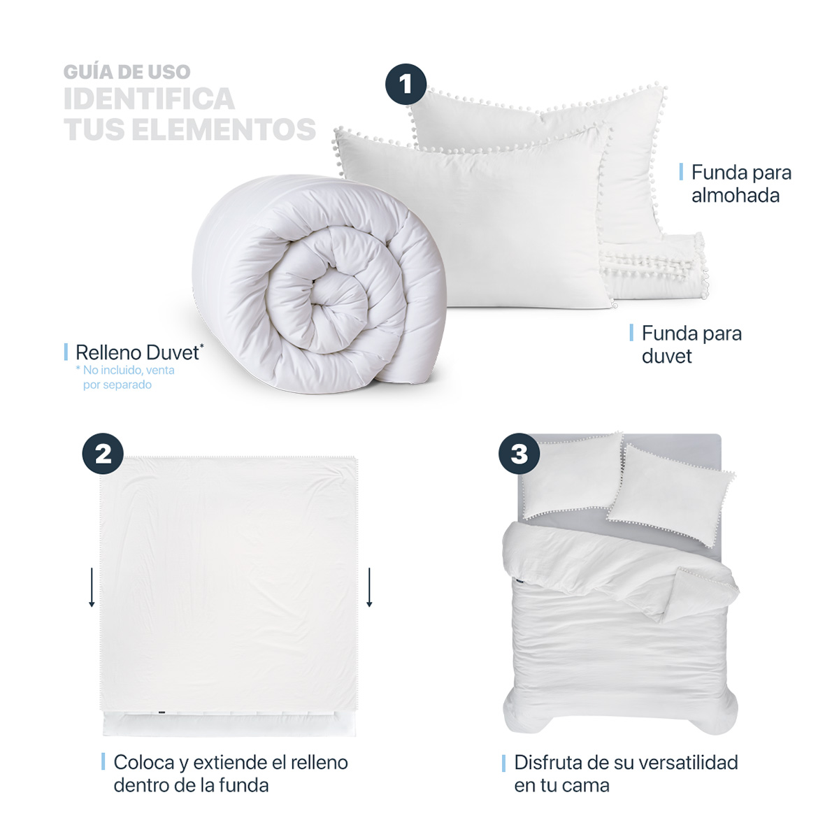 Foto 6 pulgar | Funda de Duvet con Pompones Sin Relleno + Fundas de Almohada Esquimal Matrimonial XL Blanco
