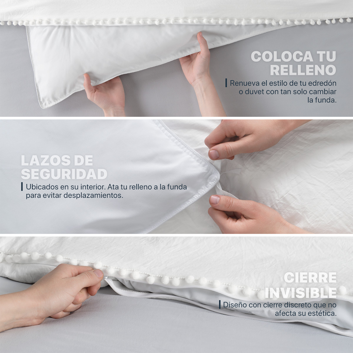Foto 7 pulgar | Funda de Duvet con Pompones Sin Relleno + Fundas de Almohada Esquimal Matrimonial XL Blanco