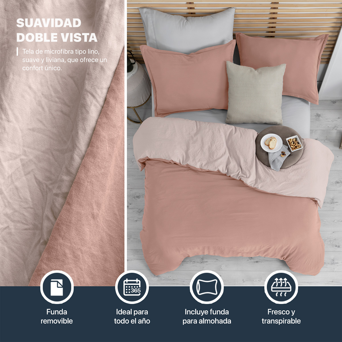 Foto 4 pulgar | Funda de Duvet Sin Relleno + Funda de Almohada Esquimal Individual Rosa y Rosa Claro Tipo Lino Doble Vista