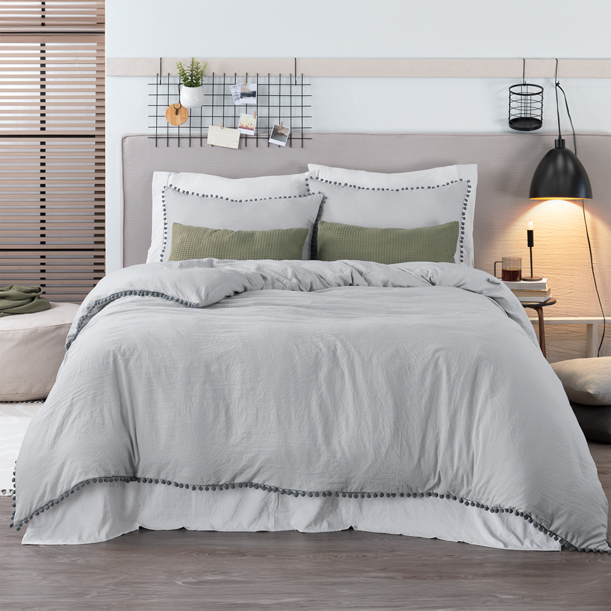 Foto 1 | Funda de Duvet con Pompones Sin Relleno + Funda de Almohada Esquimal Individual Gris Claro