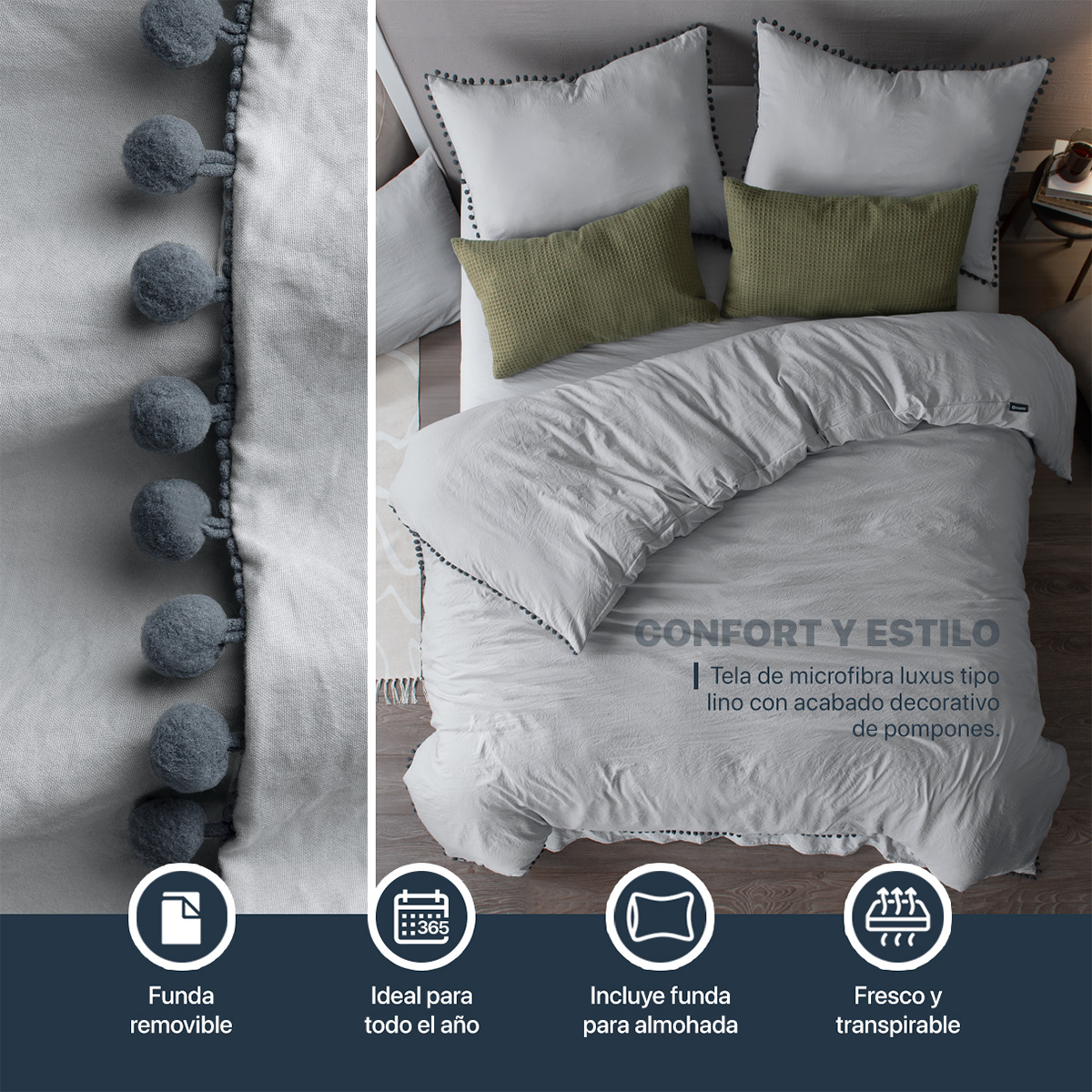 Foto 3 | Funda de Duvet con Pompones Sin Relleno + Funda de Almohada Esquimal Individual Gris Claro