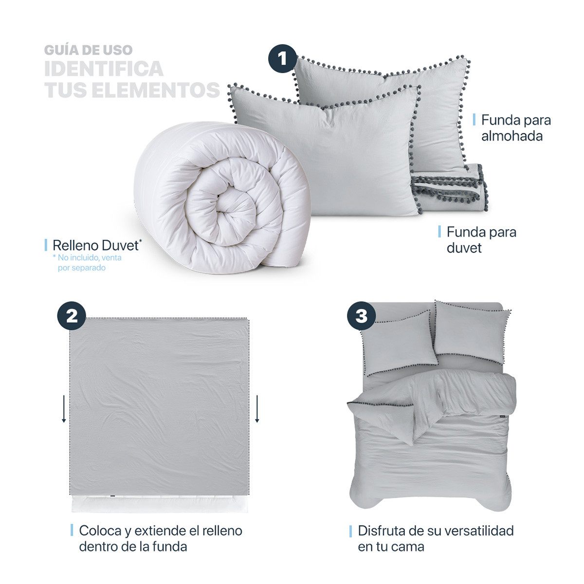 Foto 6 pulgar | Funda de Duvet con Pompones Sin Relleno + Funda de Almohada Esquimal Individual Gris Claro