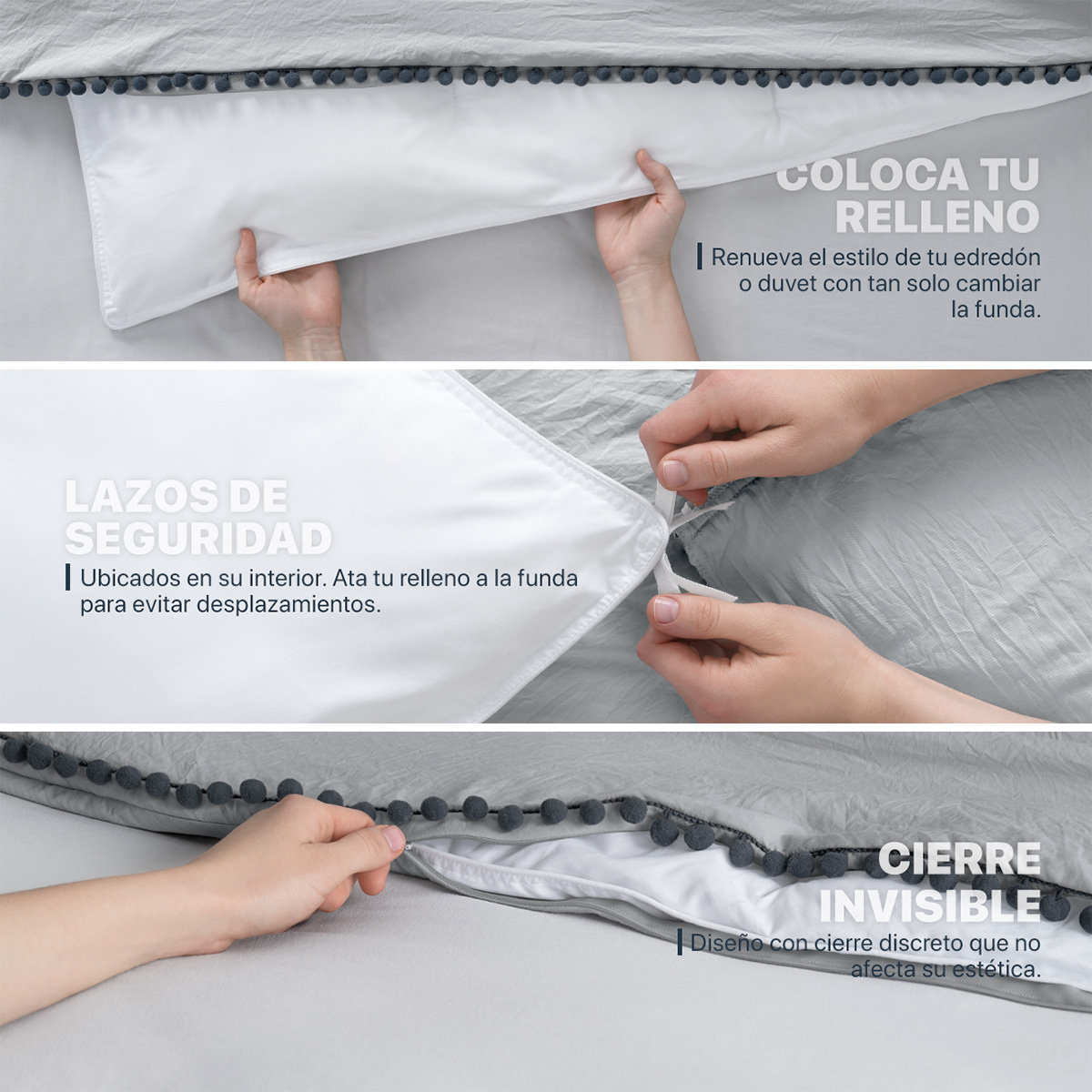 Foto 7 pulgar | Funda de Duvet con Pompones Sin Relleno + Funda de Almohada Esquimal Individual Gris Claro