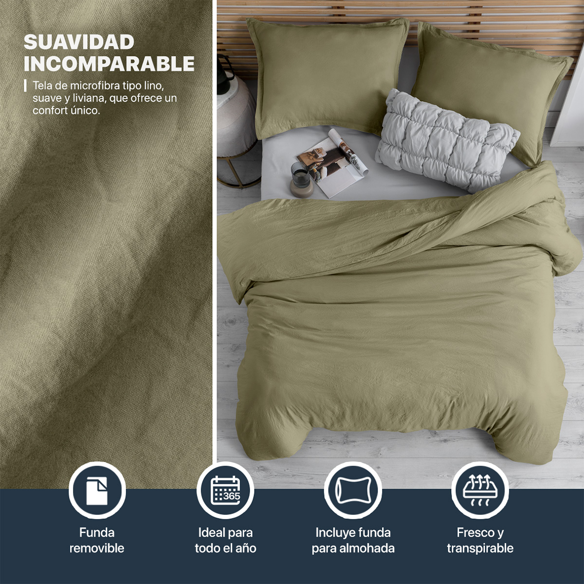 Foto 4 pulgar | Funda de Duvet Sin Relleno + Funda de Almohada Esquimal Individual Verde Tipo Lino