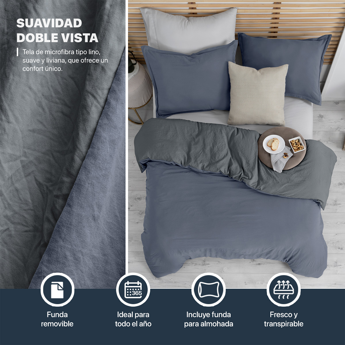 Foto 4 pulgar | Funda de Duvet Sin Relleno + Fundas de Almohada Esquimal Matrimonial Xl  Azul y Gris Tipo Lino Doble Vista
