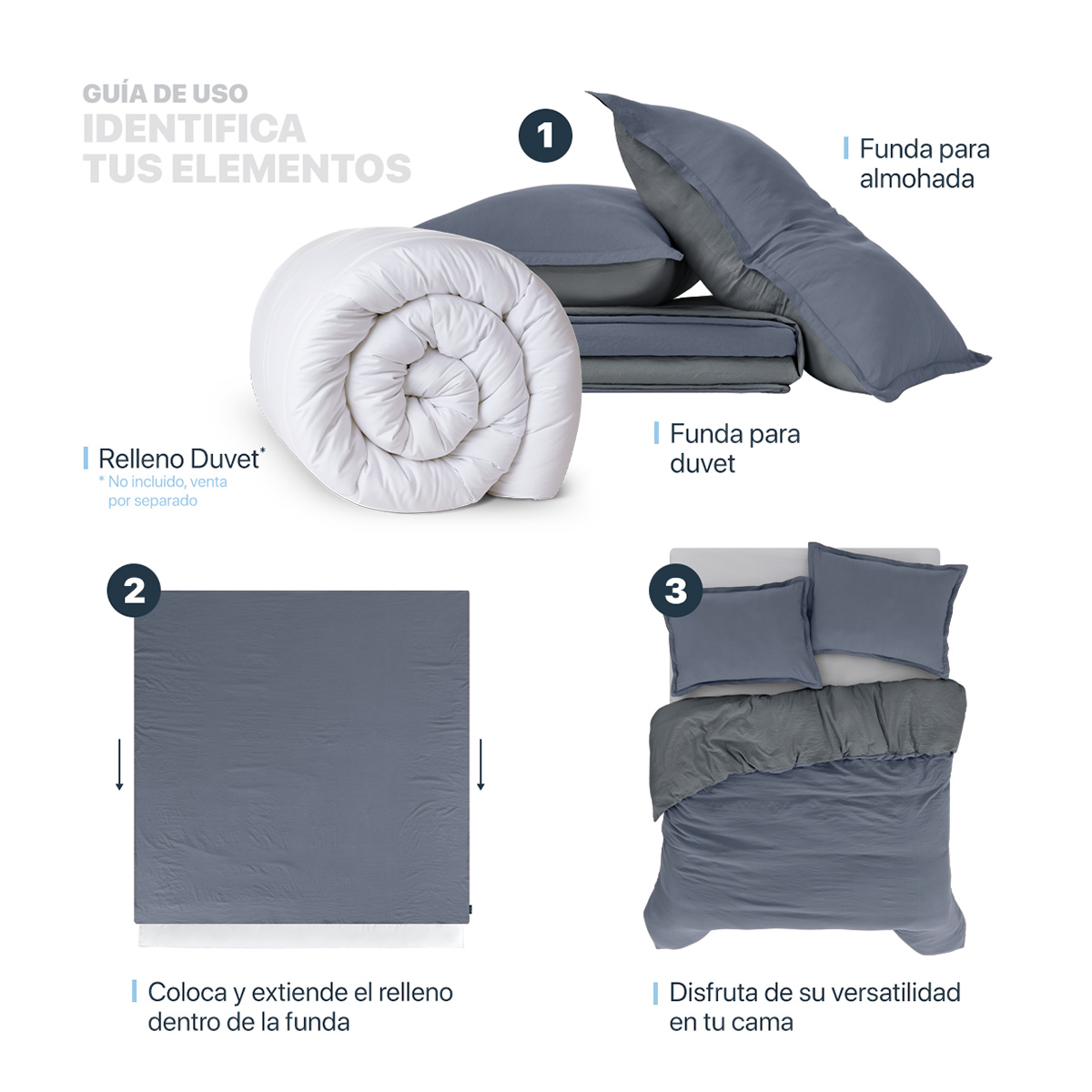 Foto 6 pulgar | Funda de Duvet Sin Relleno + Fundas de Almohada Esquimal Matrimonial Xl  Azul y Gris Tipo Lino Doble Vista