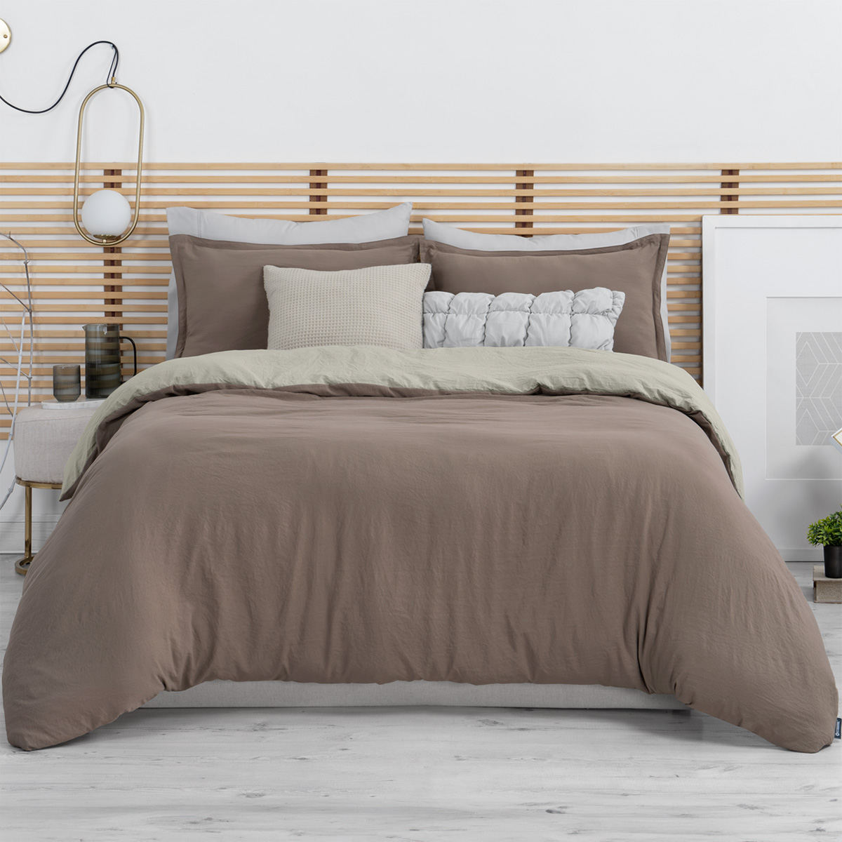 Funda de Duvet Sin Relleno + Funda de Almohada Esquimal Individual Café y Beige Tipo Lino Doble Vista