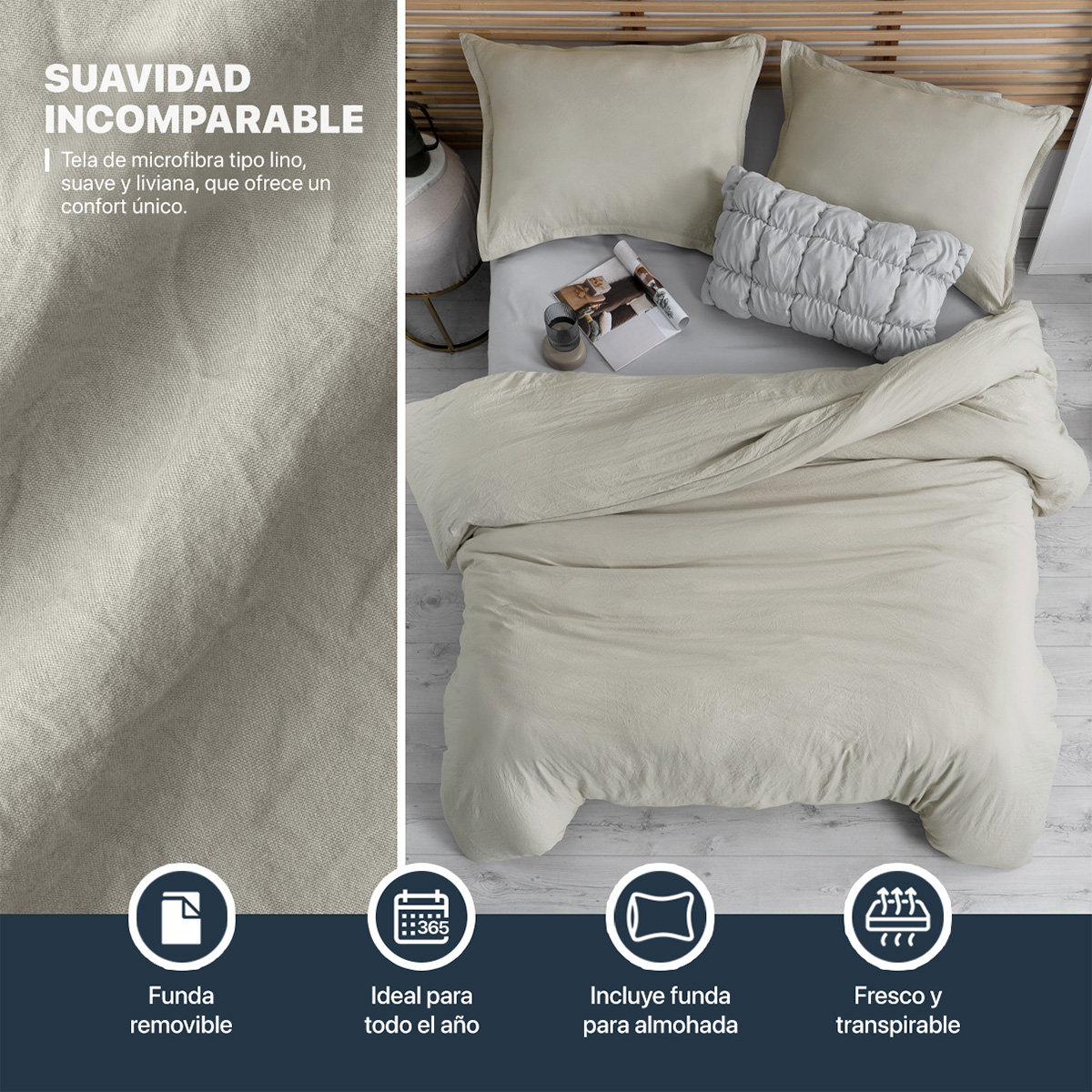 Foto 4 pulgar | Funda de Duvet Sin Relleno + Fundas de Almohada Esquimal Matrimonial Xl Beige Tipo Lino
