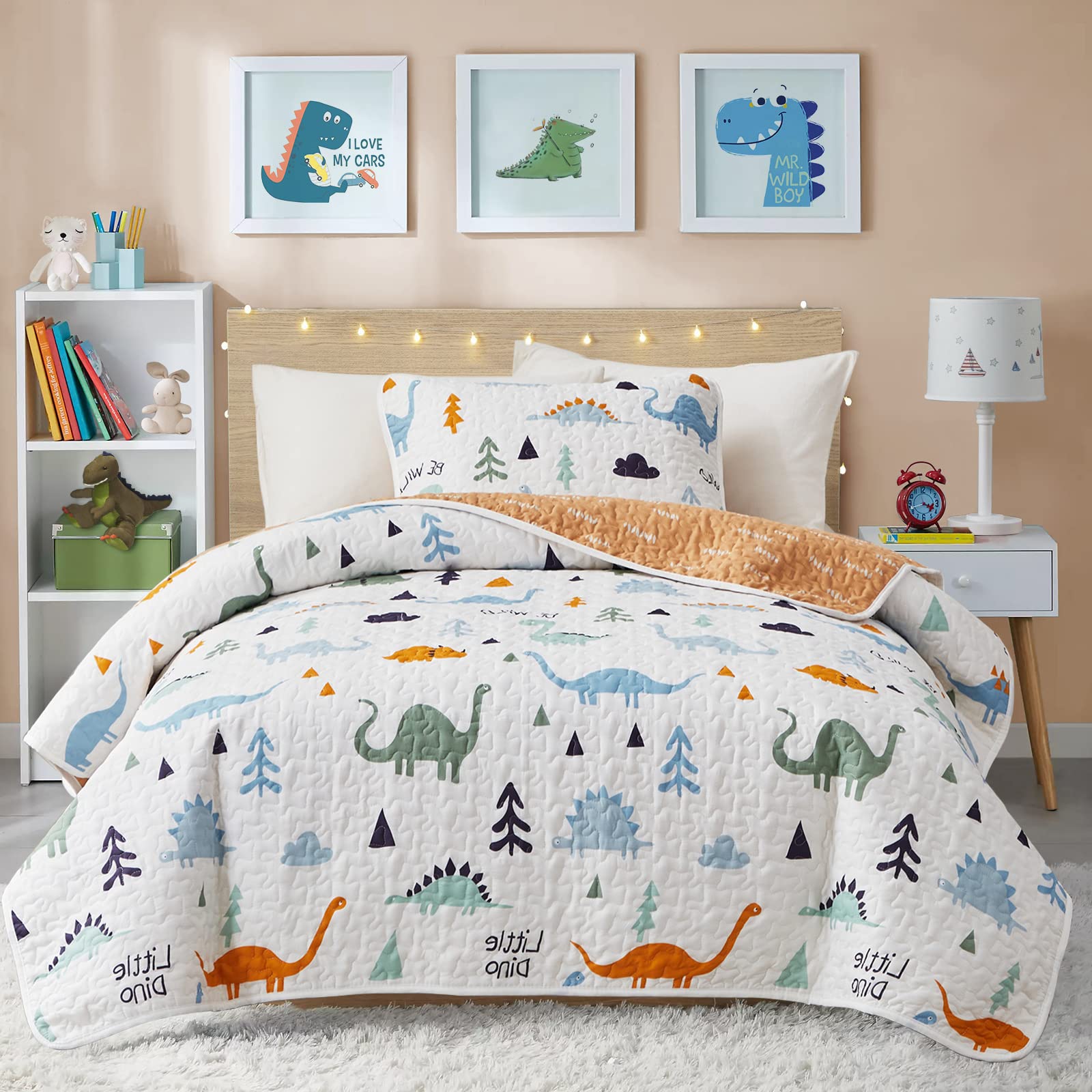 Juego De Colcha Joyreap Con Diseño De Dinosaurio, Reversible, 100% Algodón, Doble - Venta Internacional.