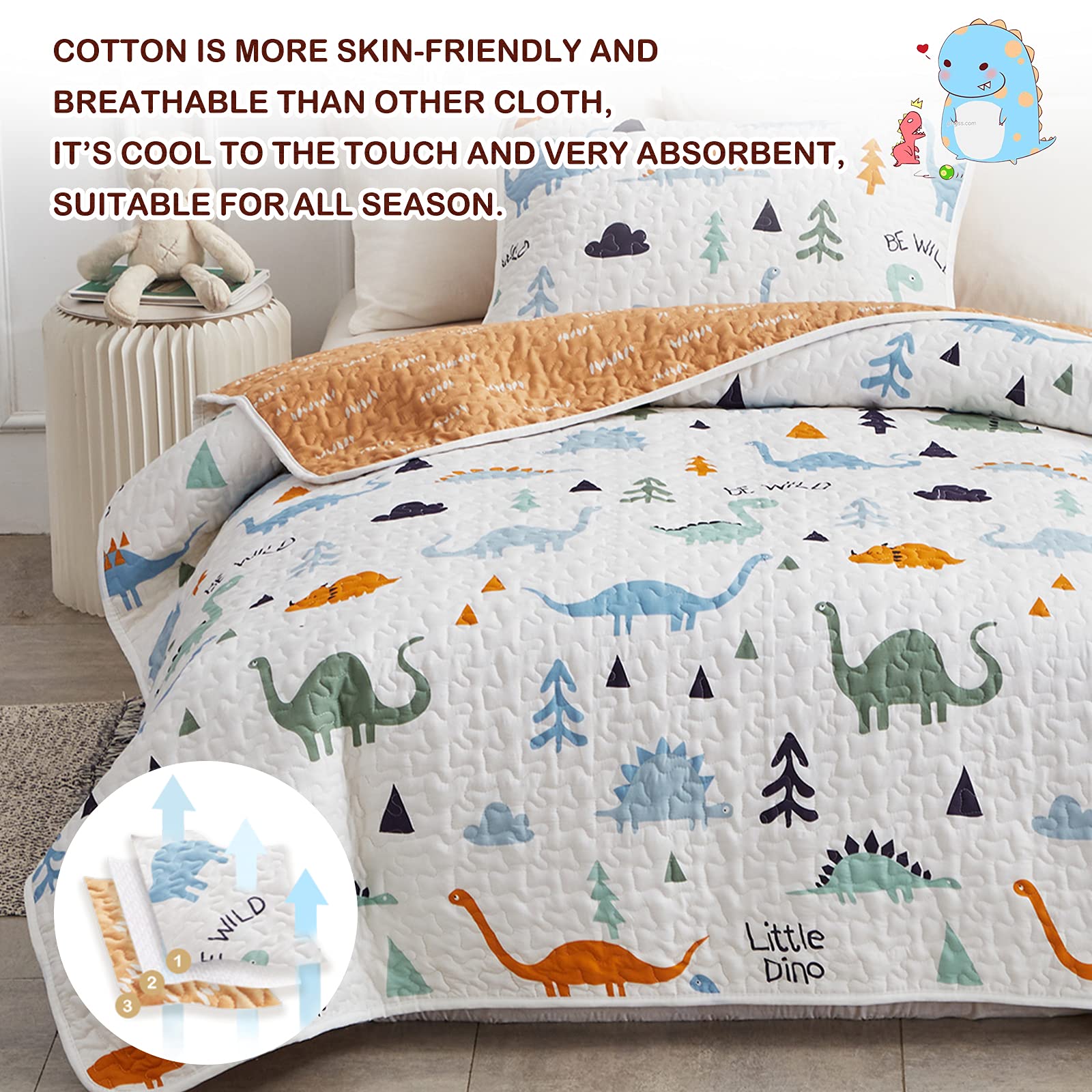 Foto 3 | Juego De Colcha Joyreap Con Diseño De Dinosaurio, Reversible, 100% Algodón, Doble - Venta Internacional.