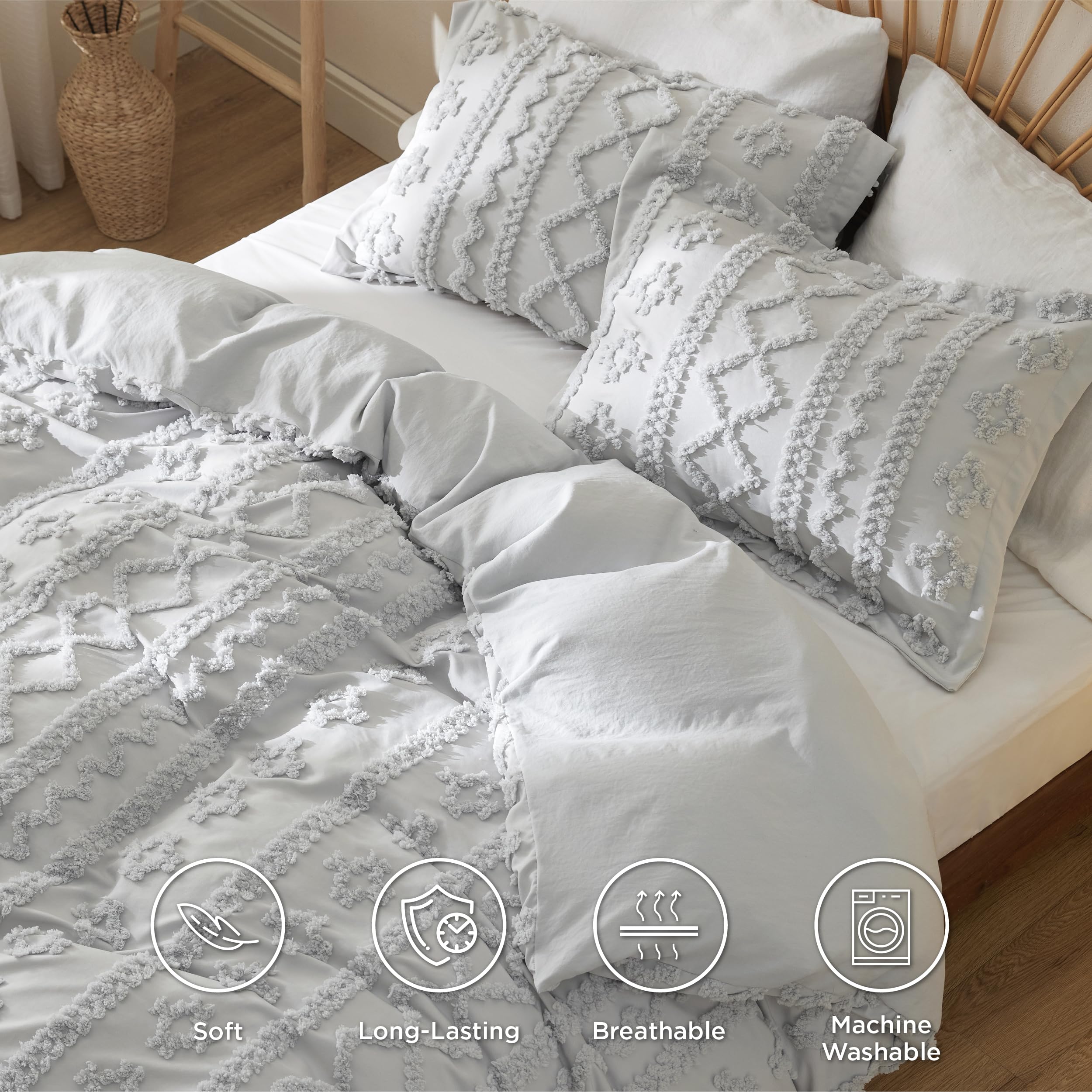 Foto 4 pulgar | Juego de Fundas de Edredón Bedsure Boho Queen Size Gris Claro 3 Piezas - Venta Internacional