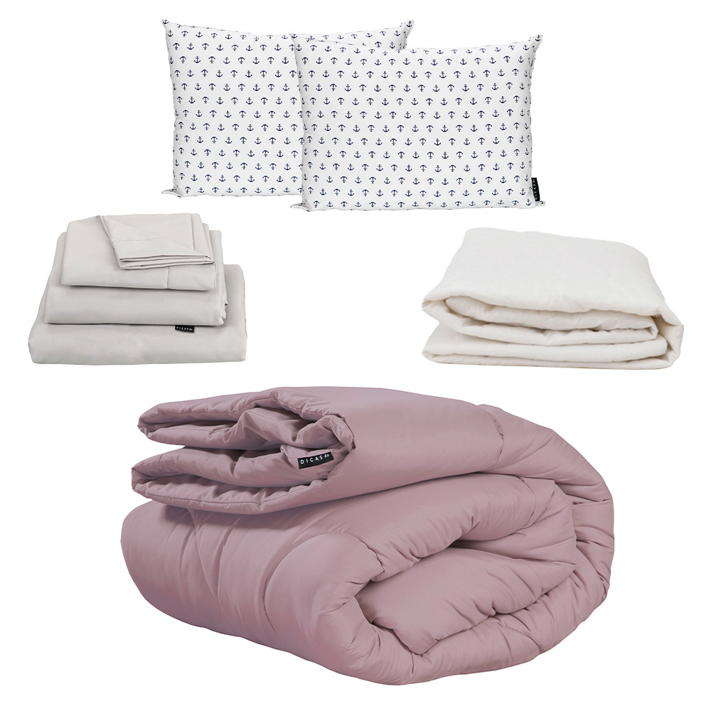 Edredón Dicasa Homy color Lila King Size + Sábanas Softy Gris + Protector + 2 Almohadas
