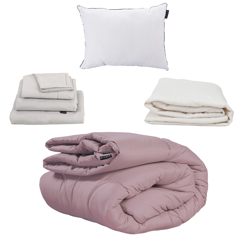 Edredón Dicasa Homy color Lila Individual + Sábanas Softy Gris + Protector + Almohada One