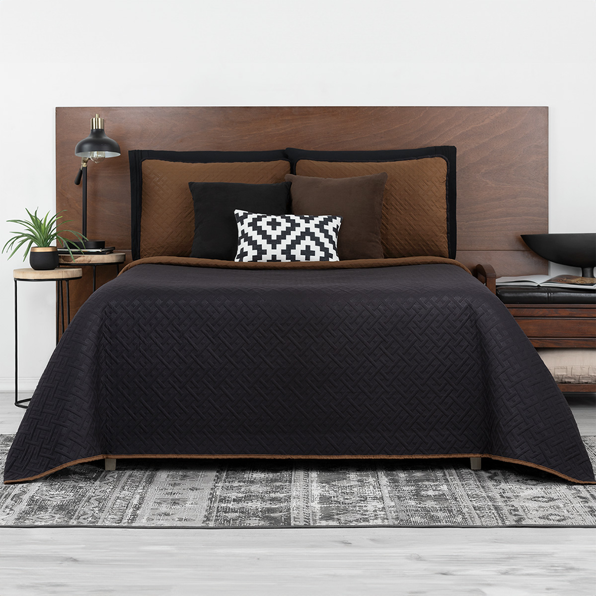 Edredón Ligero Individual con Funda de Almohada Real Textil Pinsonic Doble Vista Negro - Ocre