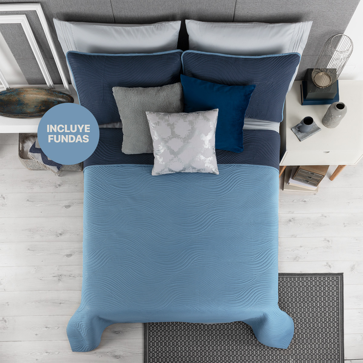 Foto 2 | Edredón Ligero King Size con Fundas de Almohada Real Textil Pinsonic Doble Vista Azul Marino - Azul Grisaceo