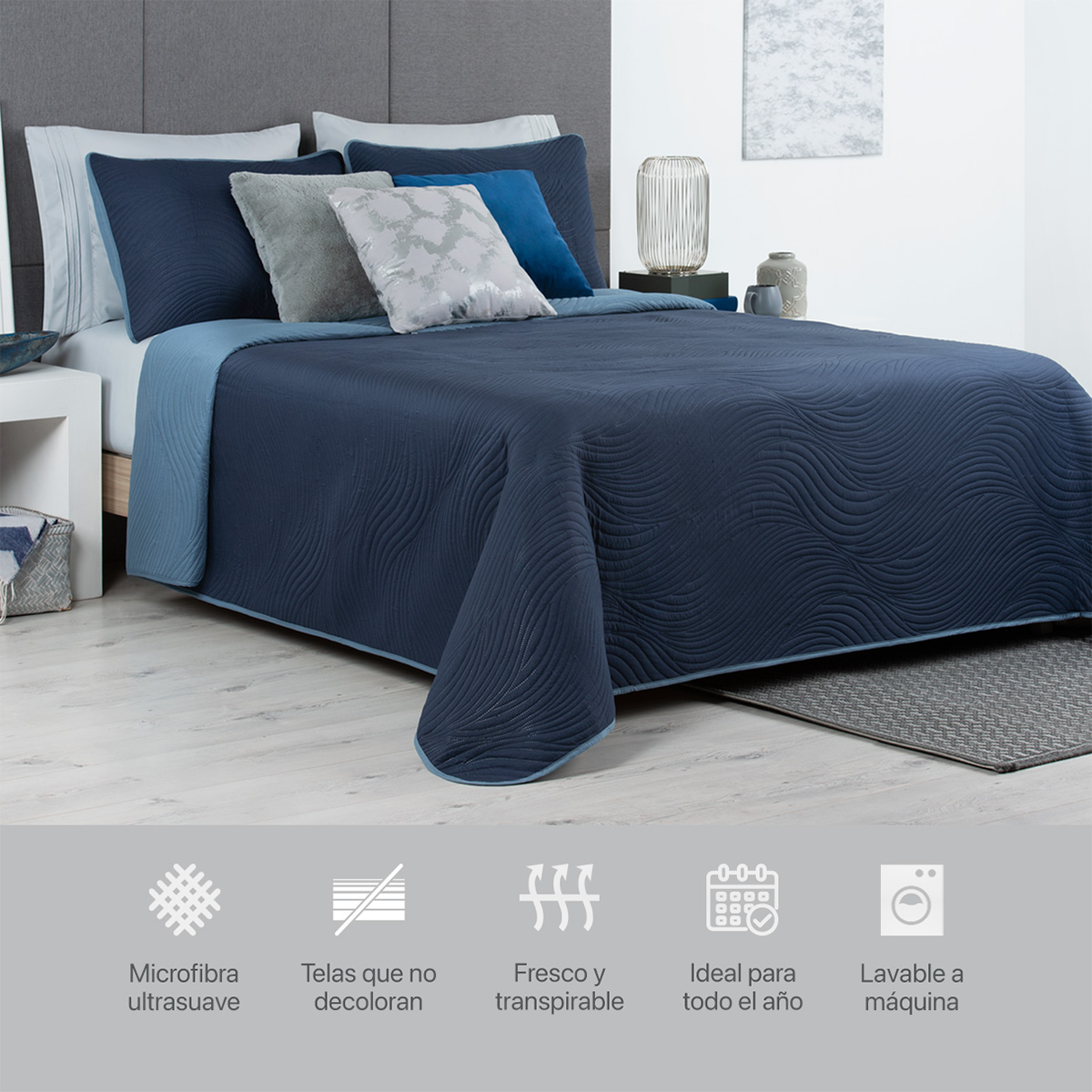 Foto 6 | Edredón Ligero King Size con Fundas de Almohada Real Textil Pinsonic Doble Vista Azul Marino - Azul Grisaceo