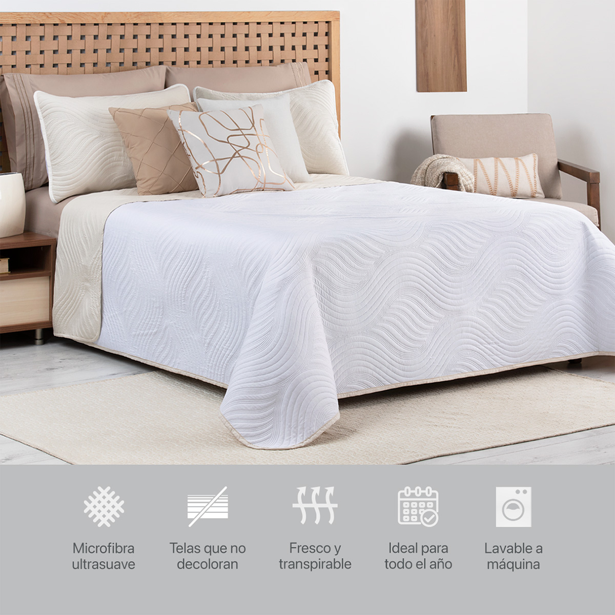 Foto 7 pulgar | Edredón Ligero Matrimonial con Fundas de Almohada Real Textil Pinsonic Doble Vista Blanco -Beige