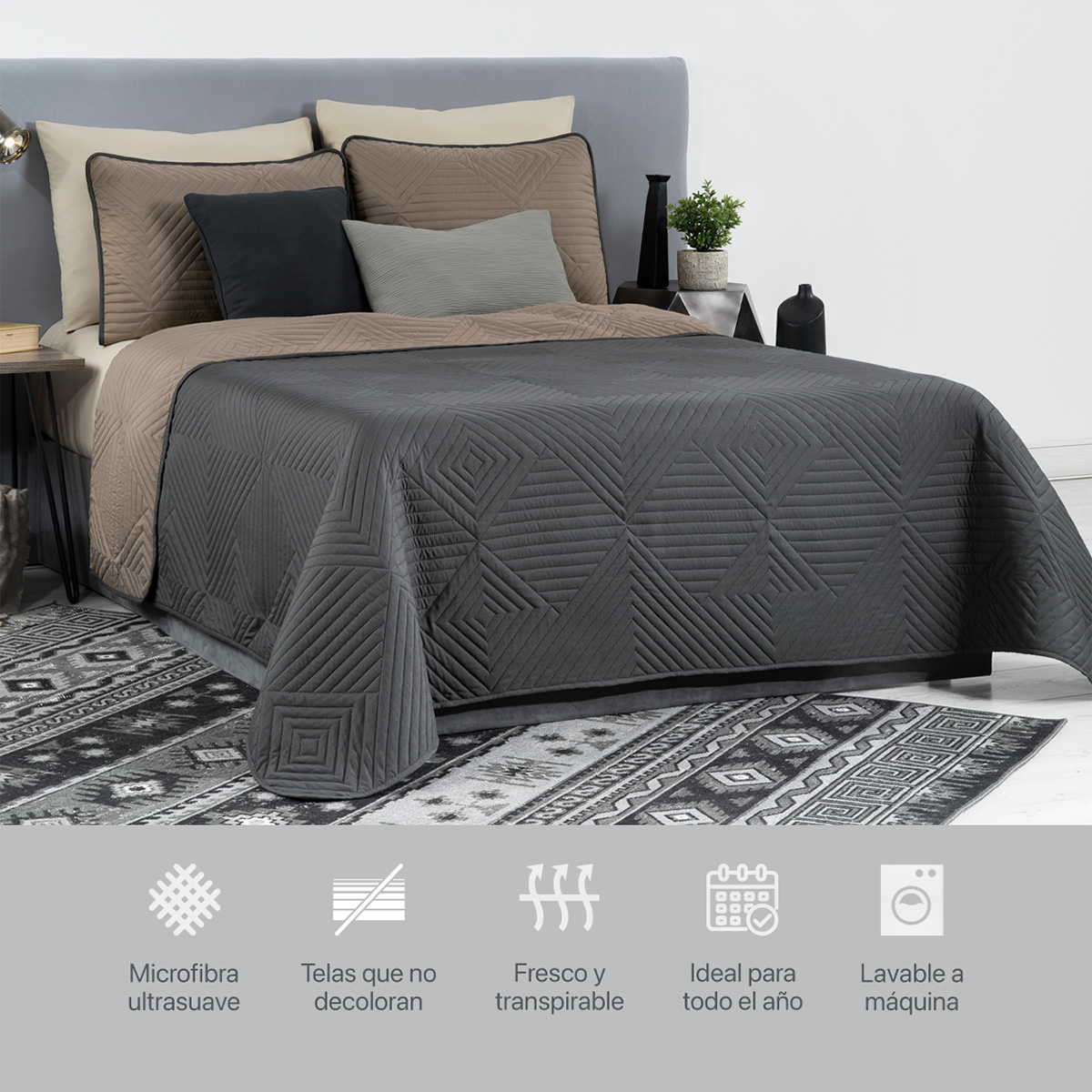 Foto 7 | Edredón Ligero Individual con Funda de Almohada Real Textil Pinsonic Doble Vista Gris Oscuro - Café