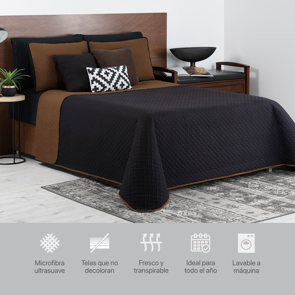 Foto 6 | Edredón Ligero King Size con Fundas de Almohada Real Textil Pinsonic Doble Vista Negro - Ocre