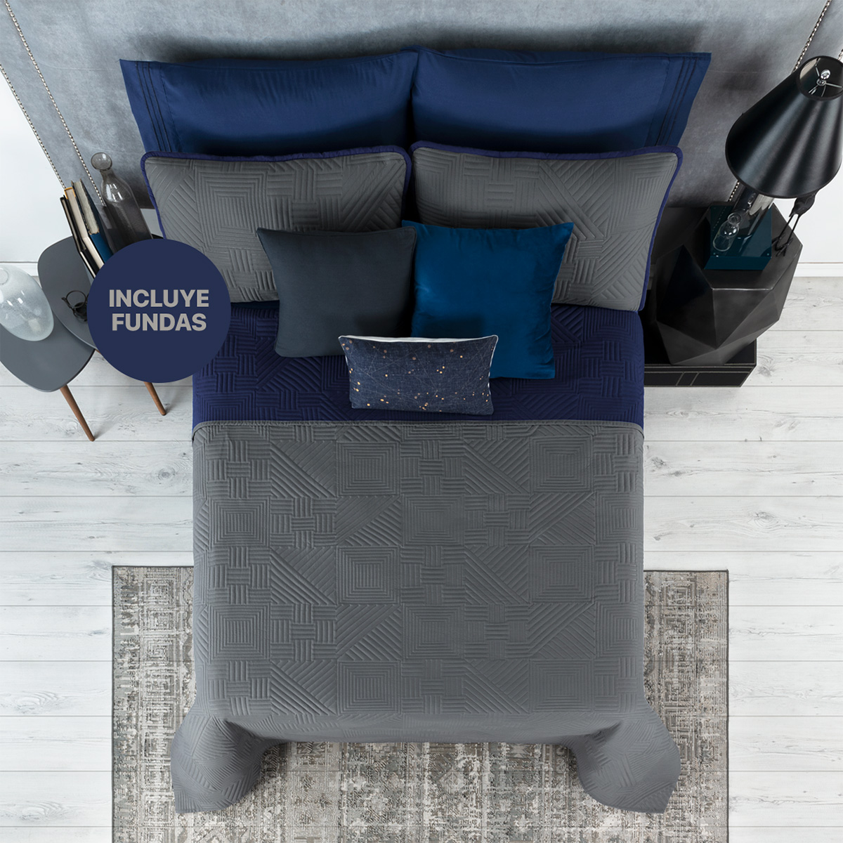Foto 2 | Edredón Ligero Matrimonial con Fundas de Almohada Real Textil Pinsonic Doble Vista Azul Marino - Gris Oscuro