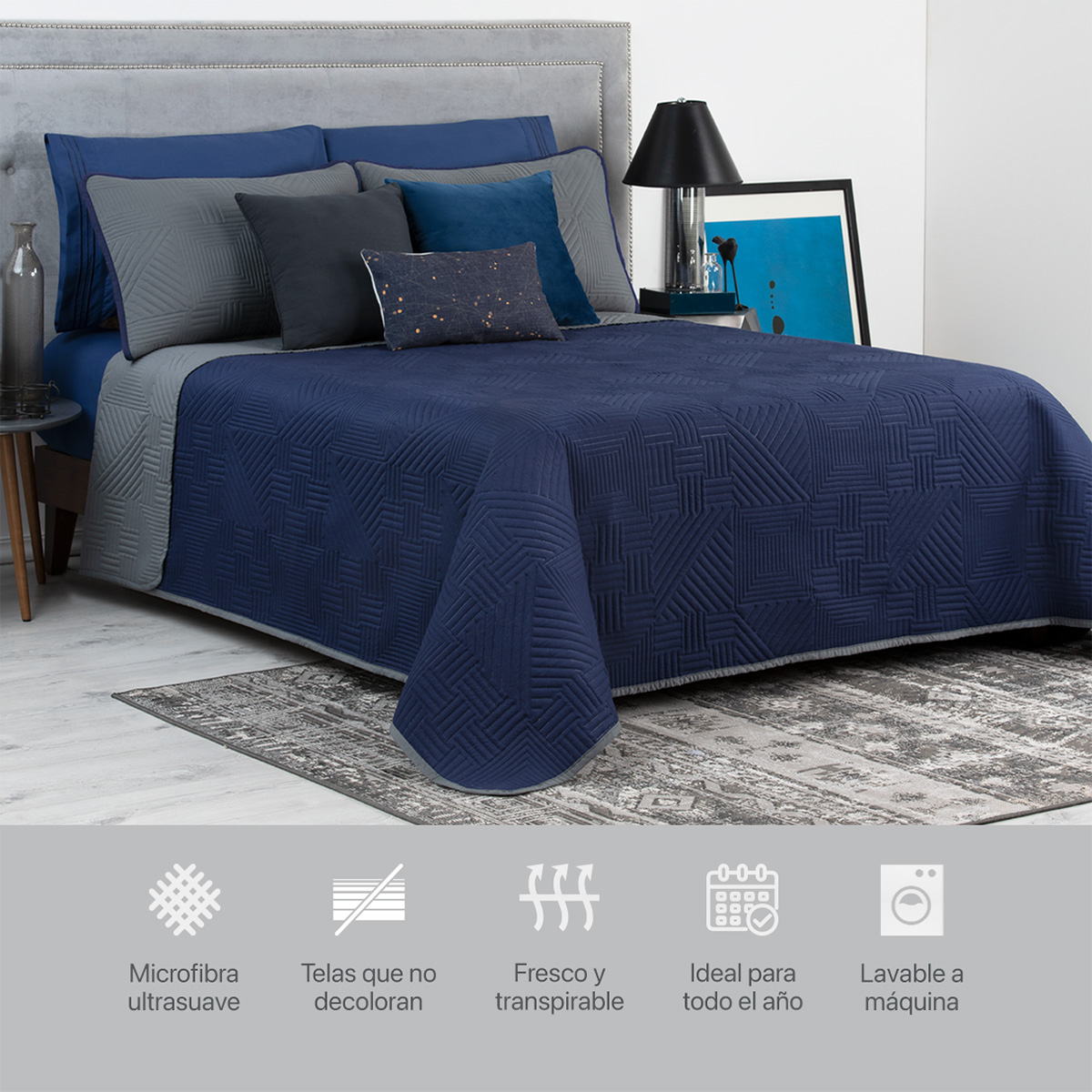 Foto 7 pulgar | Edredón Ligero Matrimonial con Fundas de Almohada Real Textil Pinsonic Doble Vista Azul Marino - Gris Oscuro