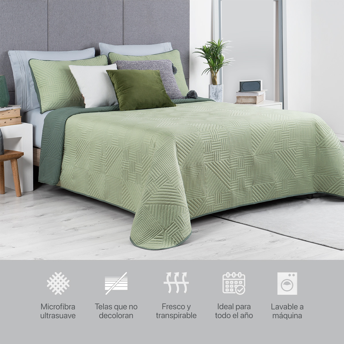 Foto 6 | Edredón Ligero King Size con Fundas de Almohada Real Textil Pinsonic Doble Vista Verde - Verde Oscuro