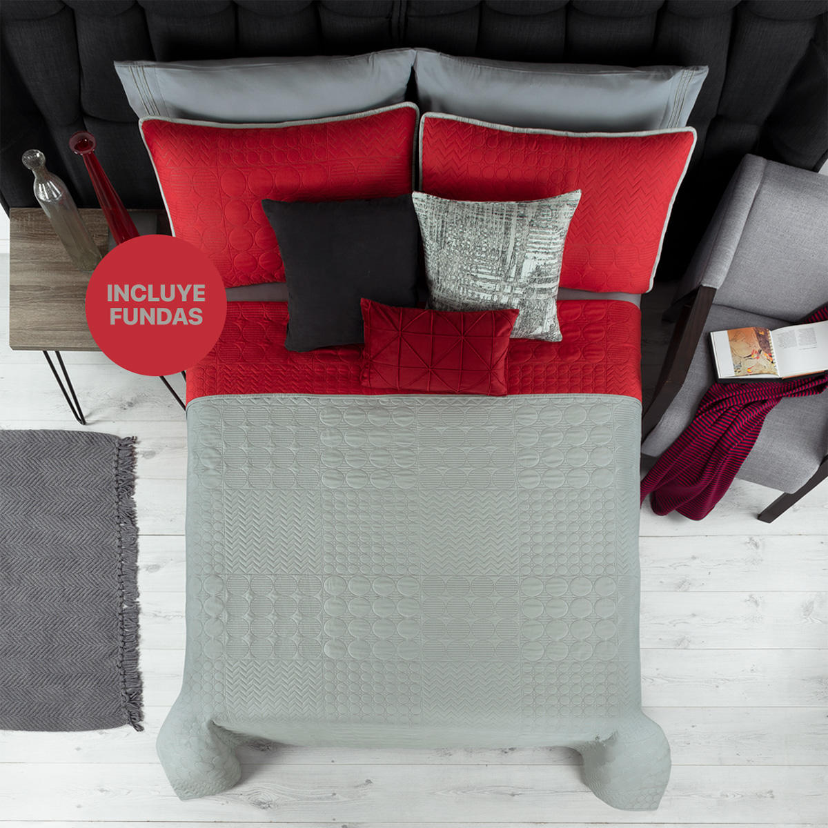 Foto 2 | Edredón Ligero Queen Size con Fundas de Almohada Real Textil Pinsonic Doble Vista Rojo - Gris
