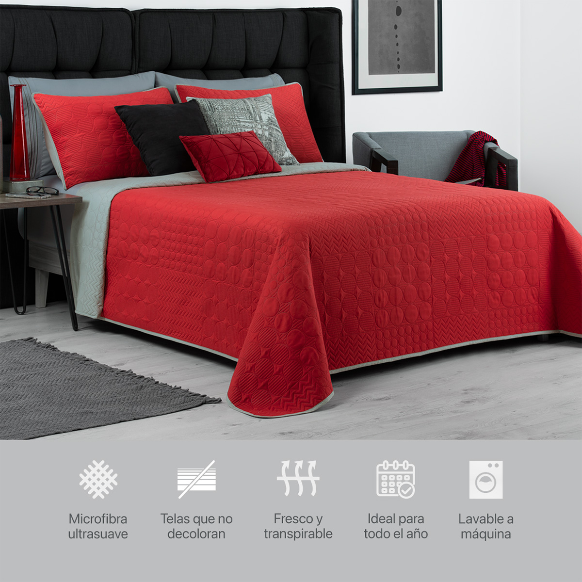 Foto 7 pulgar | Edredón Ligero Queen Size con Fundas de Almohada Real Textil Pinsonic Doble Vista Rojo - Gris