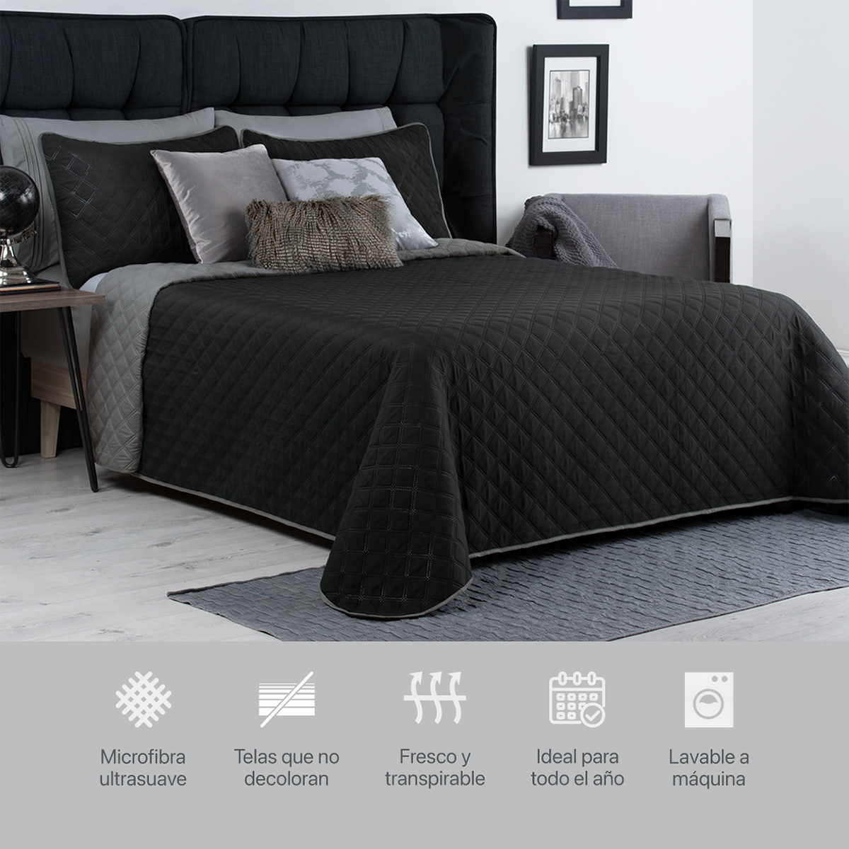 Foto 7 pulgar | Edredón Ligero Individual con Funda de Almohada Real Textil Pinsonic Doble Vista Negro -Gris