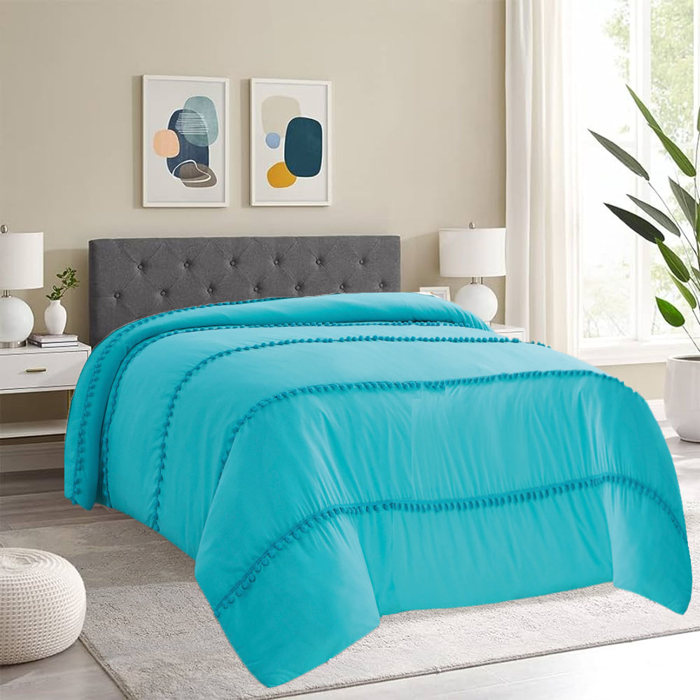 Edredón Matrimonial Queen Size Suave y Cálido con Textura 3D y Borlas - Azul