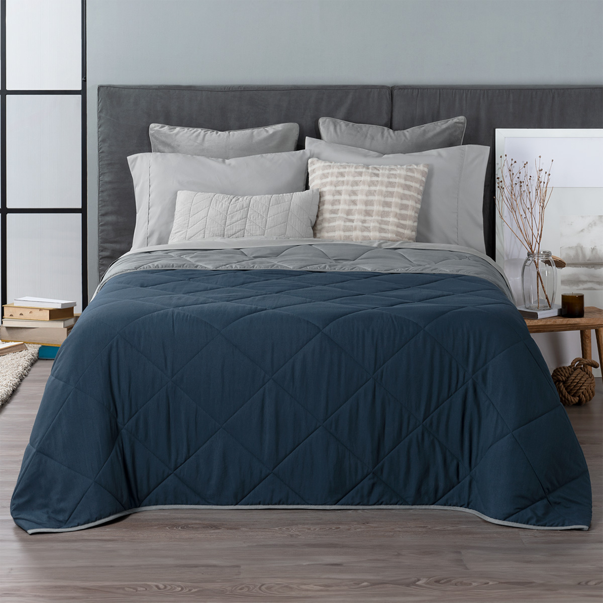 Colcha Edredón Ligero Real Textil, King Size Azul-gris Reversible