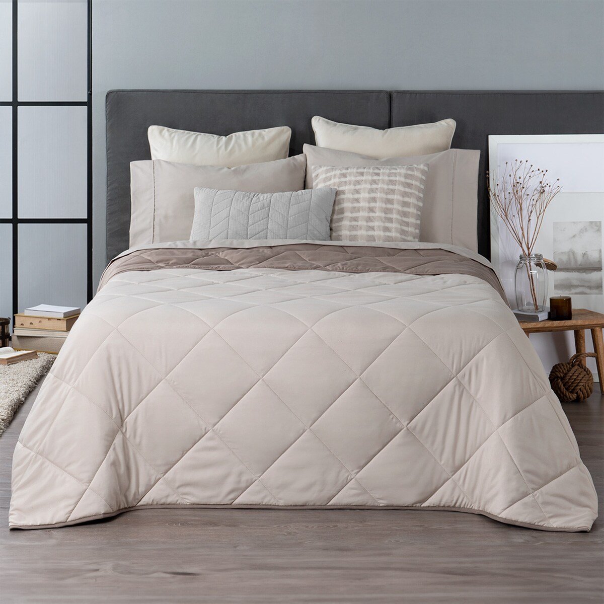 Colcha Edredón Ligero Real Textil, Matrimonial Marfil-taupe Reversible $699