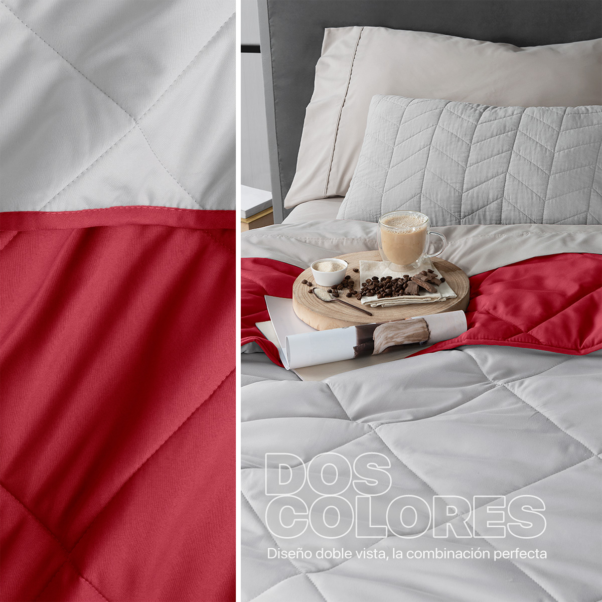 Foto 5 pulgar | Colcha Edredón Ligero Real Textil, Queen Size Gris-rojo Reversible