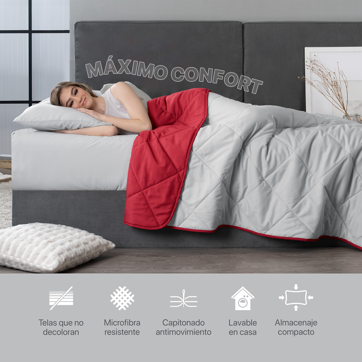 Foto 6 pulgar | Colcha Edredón Ligero Real Textil, Queen Size Gris-rojo Reversible