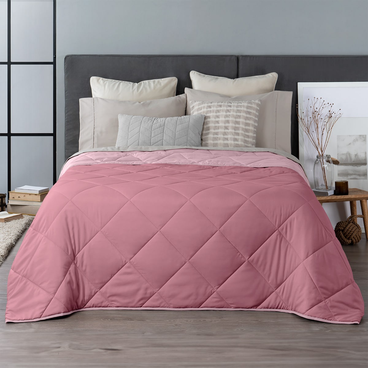 Colcha Edredón Ligero Real Textil, Queen Size Rosa-rosa Claro Reversible $799