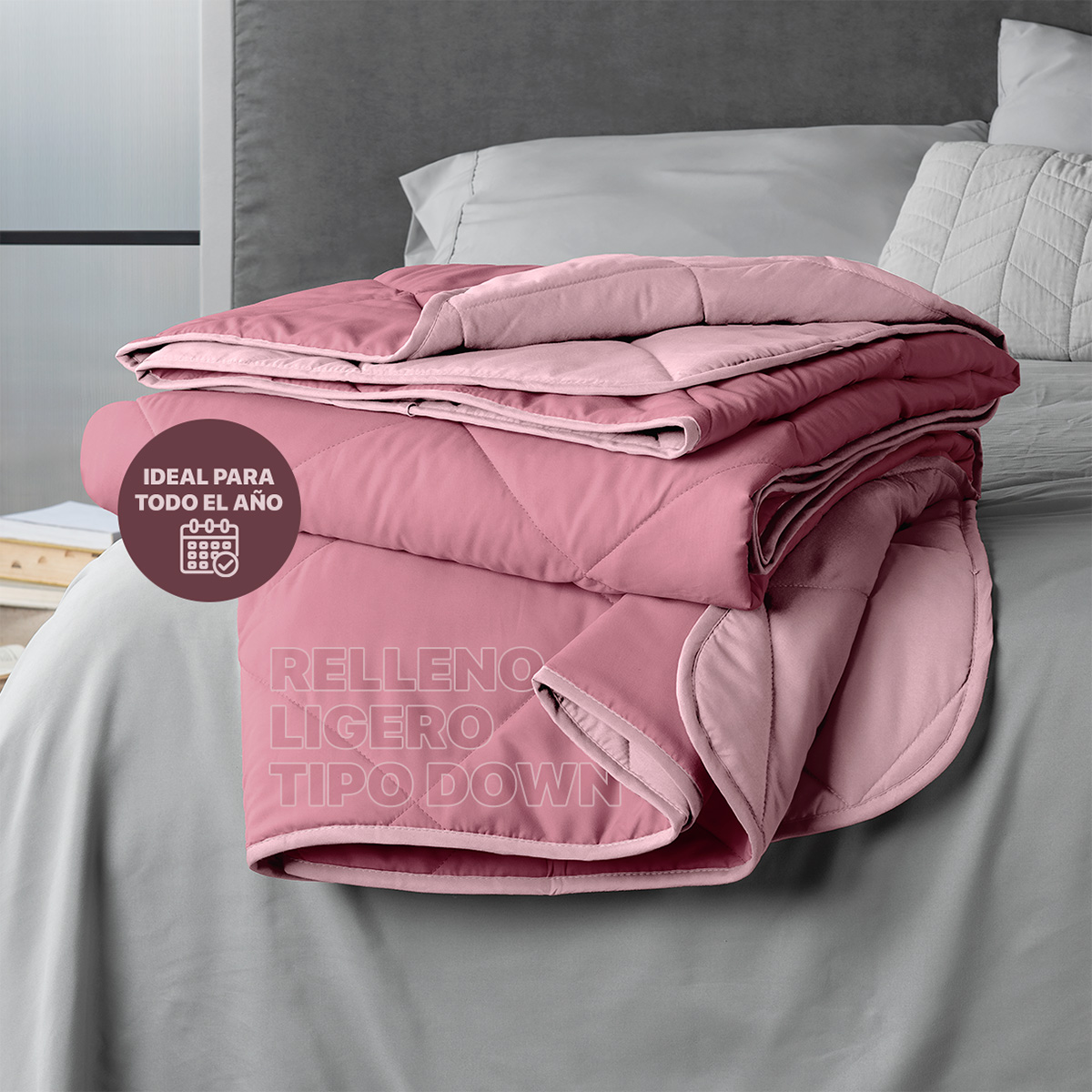 Foto 2 | Colcha Edredón Ligero Real Textil, Queen Size Rosa-rosa Claro Reversible